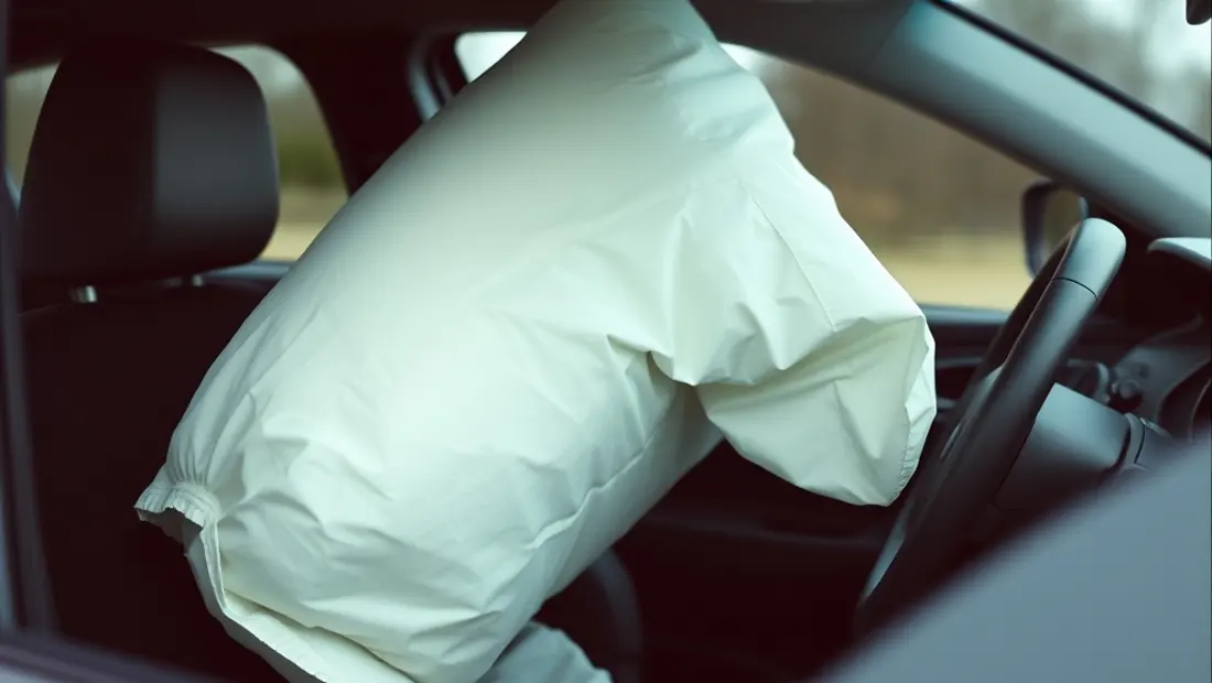 Airbag gonflé dans un cockpit de voiture.