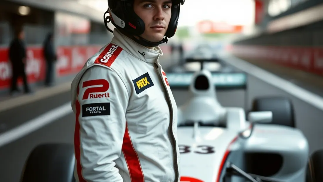 Pilote en tenue de course, devant une voiture de Formule 1