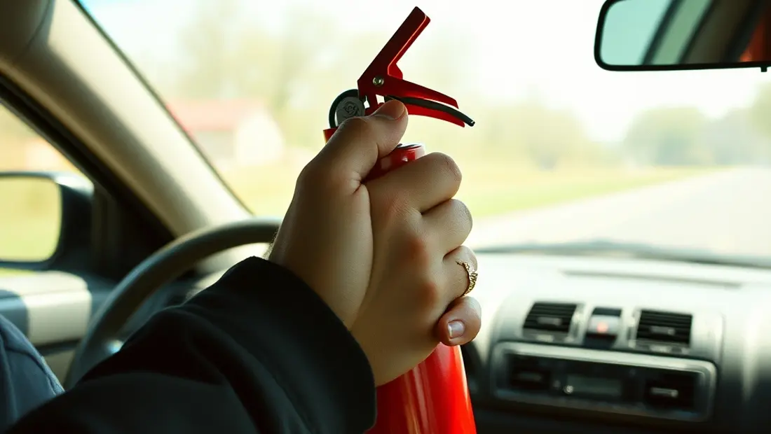 Main tenant un extincteur dans une voiture