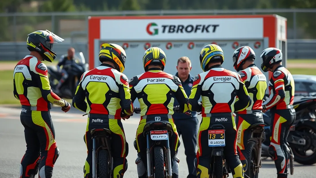 Motocyclistes et mécaniciens autour d'un stand de course.