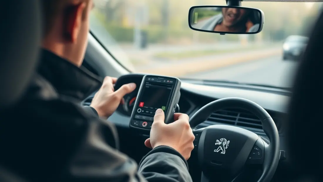 Conducteur inspecte panneau de bord avec scanner OBD2