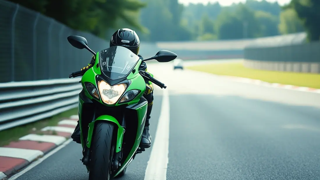Une moto de course verte sur un circuit de moto