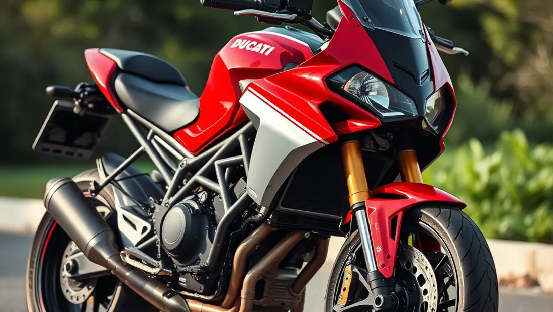 Moto avec équipements de sécurité et technologie.