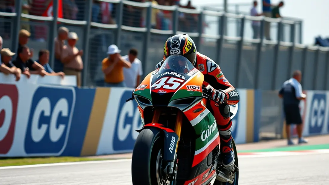 Moto de course sur circuit avec spectateurs.