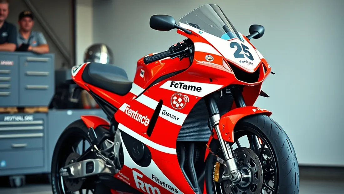 Moto de course sur un stand de garage.