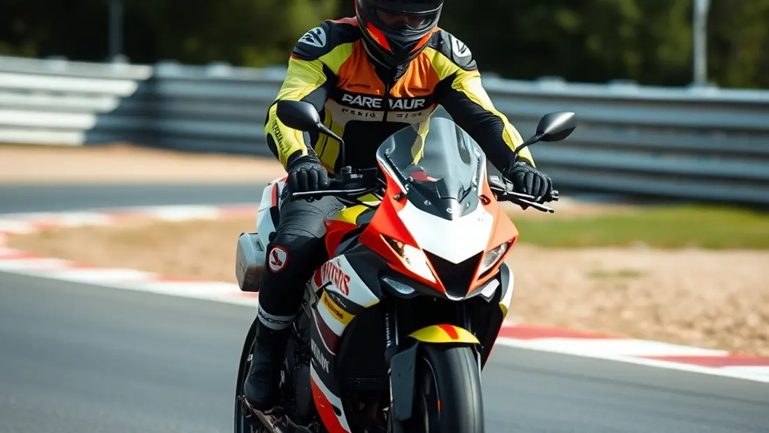 Pilote moto en tenue de sécurité sur la piste.