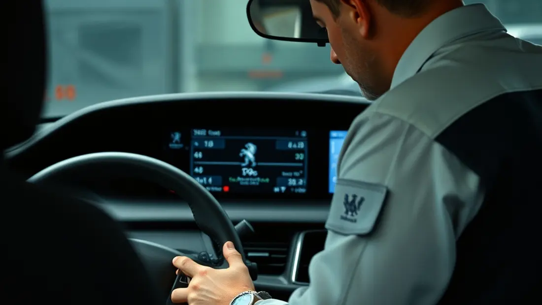 Mécanicien près de l'écran de diagnostic de Peugeot.