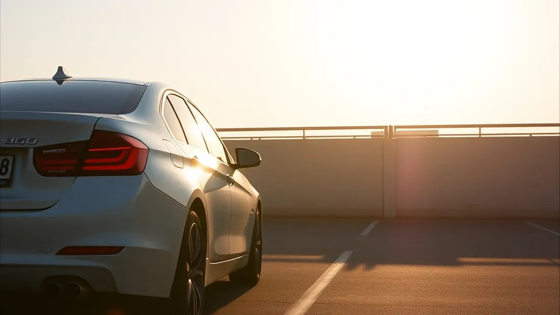 Voiture dans un parking avec soleil levant