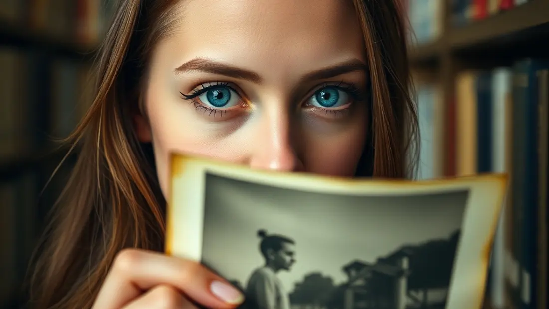 Femme regardant une photo dans une bibliothèque
