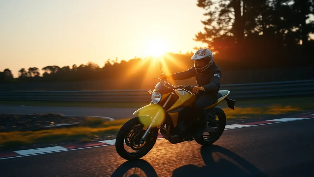 Pilote moto sur piste de course en plein soleil