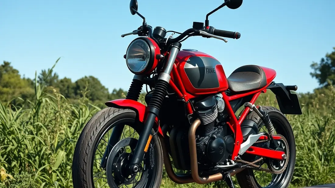 Moto café racer rouge sur banc de bois.