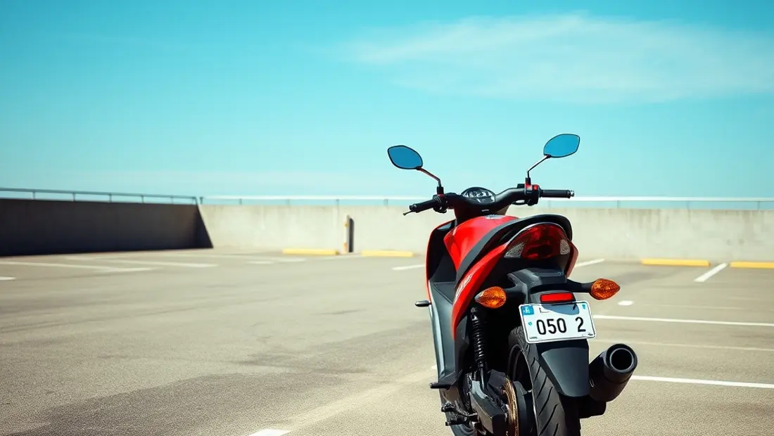 Moto rouge dans un parking.