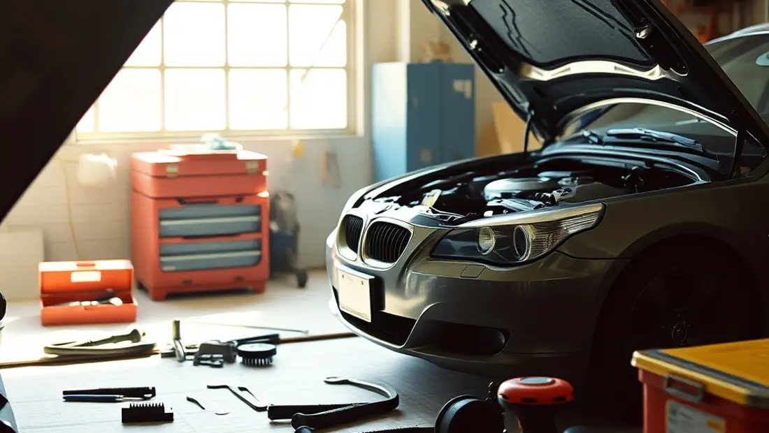 Revue technique automobile sur un plan de travail.