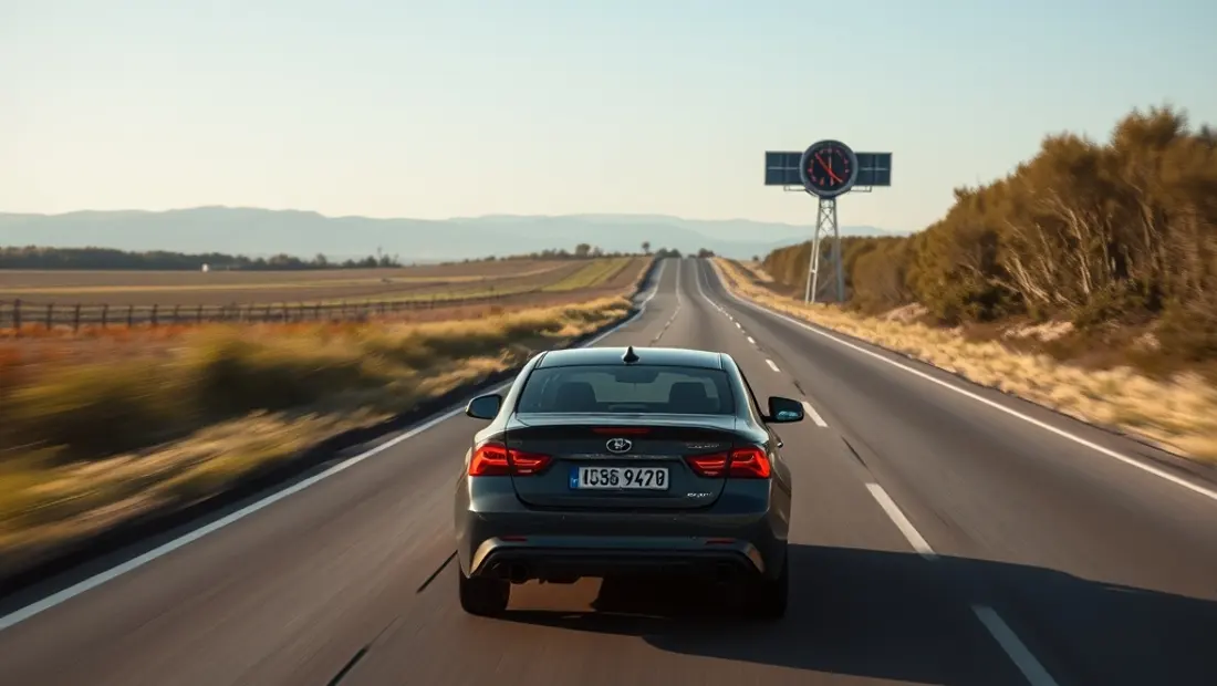 Voiture sur route sinueuse avec radar à l'horizon